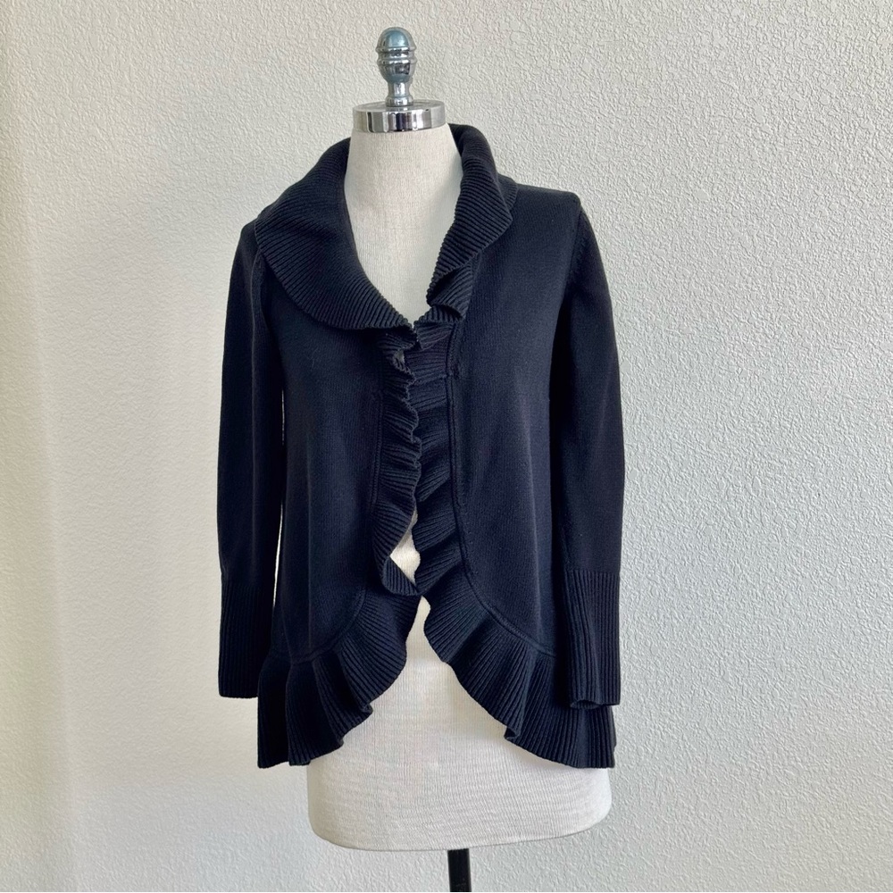 Isaac Mizrahi Live! XS Cascade Ruffle Cotton Blend Cardigan Black